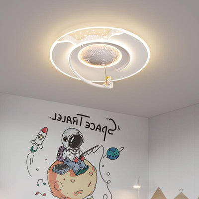 Contemporary Creative Kids Round Moon Astronaut Iron Acrylic Resin LED Flush Mount Ceiling Light For Bedroom