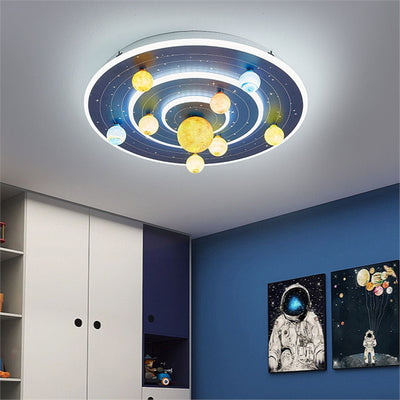 Contemporary Creative Kids Round Space Planet Iron LED Flush Mount Ceiling Light For Bedroom