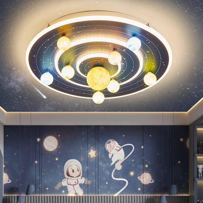 Contemporary Creative Kids Round Space Planet Iron LED Flush Mount Ceiling Light For Bedroom