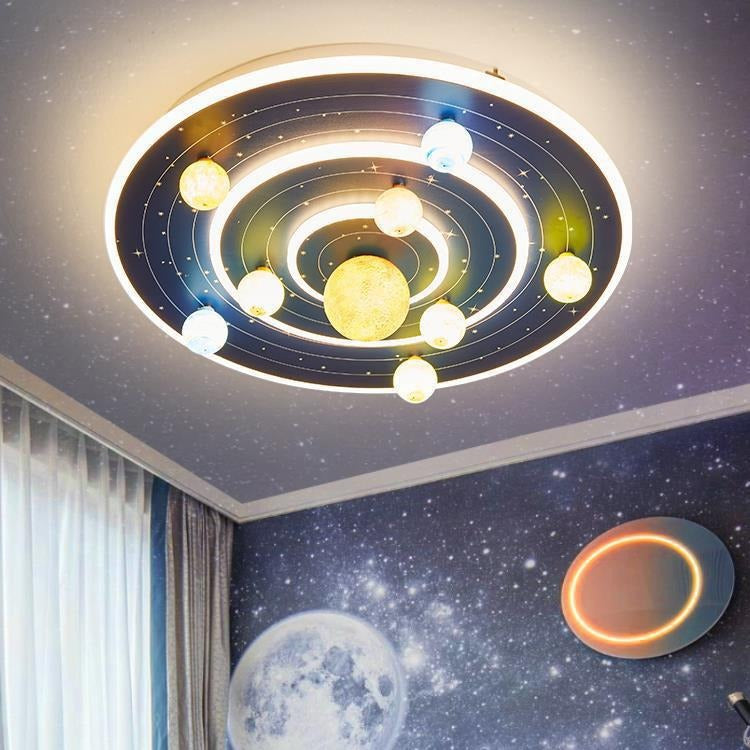 Contemporary Creative Kids Round Space Planet Iron LED Flush Mount Ceiling Light For Bedroom