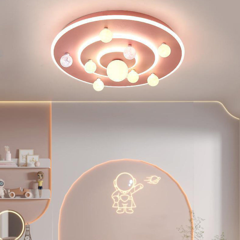 Contemporary Creative Kids Round Space Planet Iron LED Flush Mount Ceiling Light For Bedroom