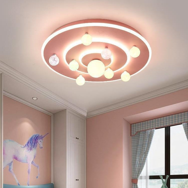 Contemporary Creative Kids Round Space Planet Iron LED Flush Mount Ceiling Light For Bedroom