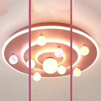 Contemporary Creative Kids Round Space Planet Iron LED Flush Mount Ceiling Light For Bedroom