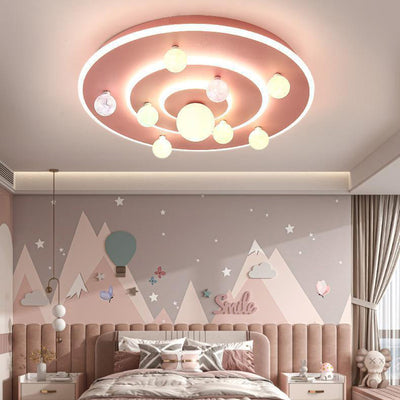 Contemporary Creative Kids Round Space Planet Iron LED Flush Mount Ceiling Light For Bedroom