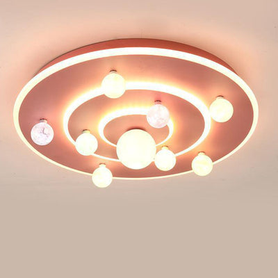 Contemporary Creative Kids Round Space Planet Iron LED Flush Mount Ceiling Light For Bedroom