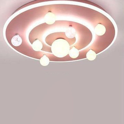 Contemporary Creative Kids Round Space Planet Iron LED Flush Mount Ceiling Light For Bedroom