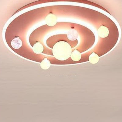 Contemporary Creative Kids Round Space Planet Iron LED Flush Mount Ceiling Light For Bedroom