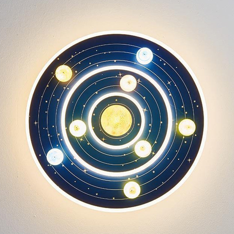 Contemporary Creative Kids Round Space Planet Iron LED Flush Mount Ceiling Light For Bedroom