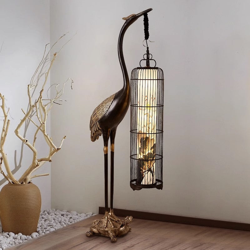 Traditional Chinese Metal Resin Fabric PVC Iron Crane Lantern Birdcage 1/2 Light Standing Floor Lamp For Living Room