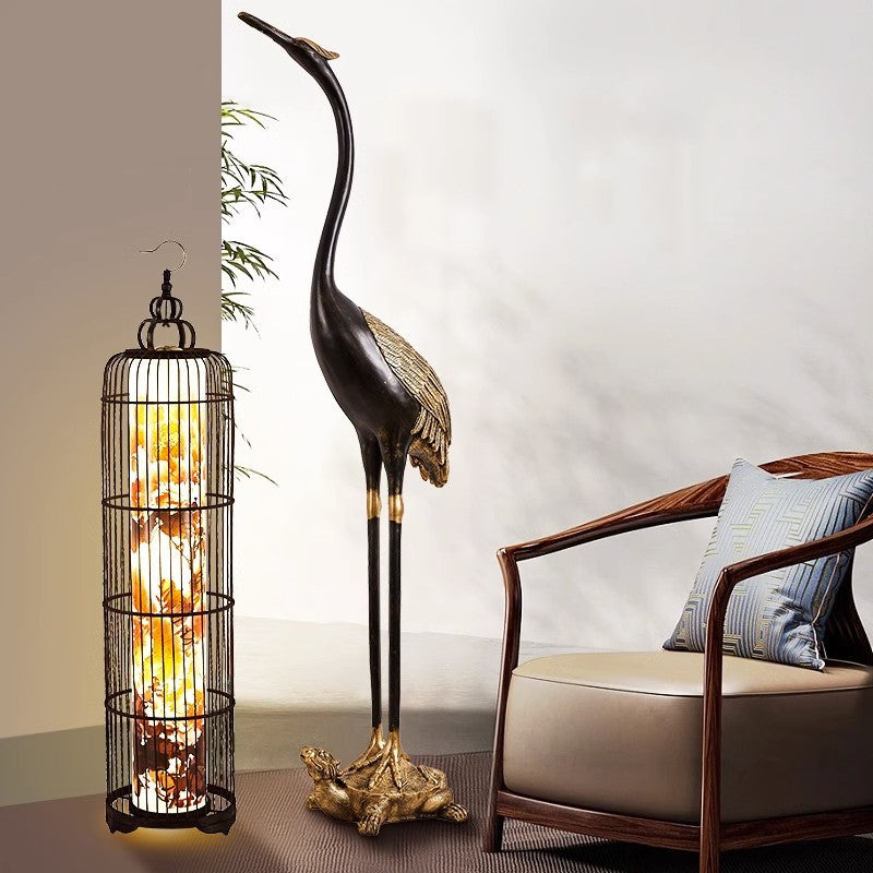 Traditional Chinese Metal Resin Fabric PVC Iron Crane Lantern Birdcage 1/2 Light Standing Floor Lamp For Living Room