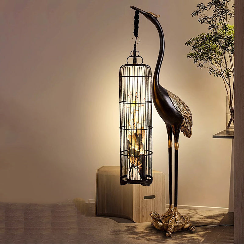 Traditional Chinese Metal Resin Fabric PVC Iron Crane Lantern Birdcage 1/2 Light Standing Floor Lamp For Living Room