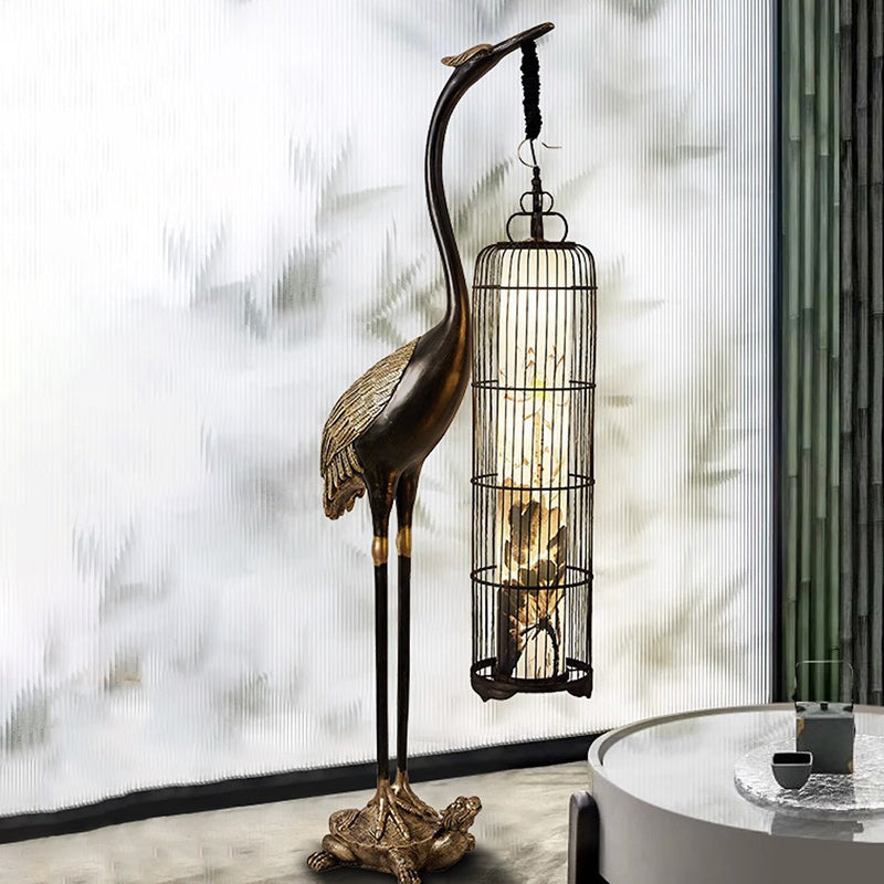 Traditional Chinese Metal Resin Fabric PVC Iron Crane Lantern Birdcage 1/2 Light Standing Floor Lamp For Living Room