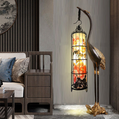 Traditional Chinese Metal Resin Fabric PVC Iron Crane Lantern Birdcage 1/2 Light Standing Floor Lamp For Living Room