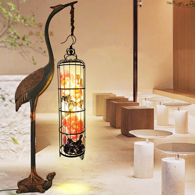 Traditional Chinese Metal Resin Fabric PVC Iron Crane Lantern Birdcage 1/2 Light Standing Floor Lamp For Living Room