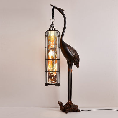 Traditional Chinese Metal Resin Fabric PVC Iron Crane Lantern Birdcage 1/2 Light Standing Floor Lamp For Living Room