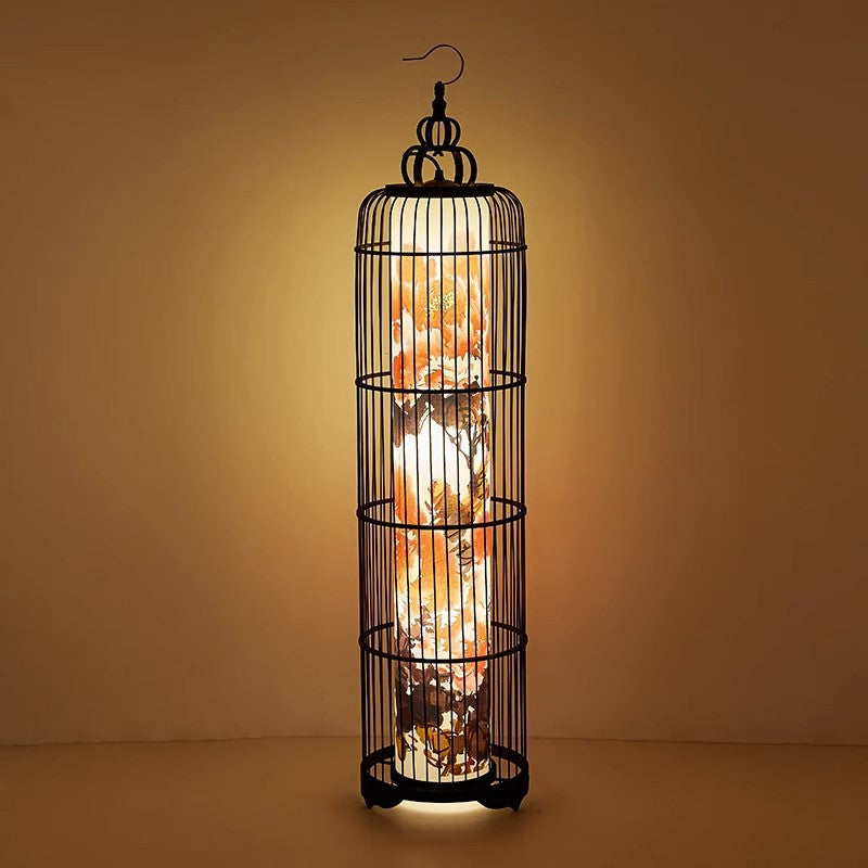 Traditional Chinese Metal Resin Fabric PVC Iron Crane Lantern Birdcage 1/2 Light Standing Floor Lamp For Living Room