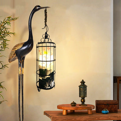 Traditional Chinese Metal Resin Fabric PVC Iron Crane Lantern Birdcage 1/2 Light Standing Floor Lamp For Living Room