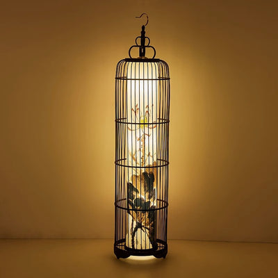 Traditional Chinese Metal Resin Fabric PVC Iron Crane Lantern Birdcage 1/2 Light Standing Floor Lamp For Living Room