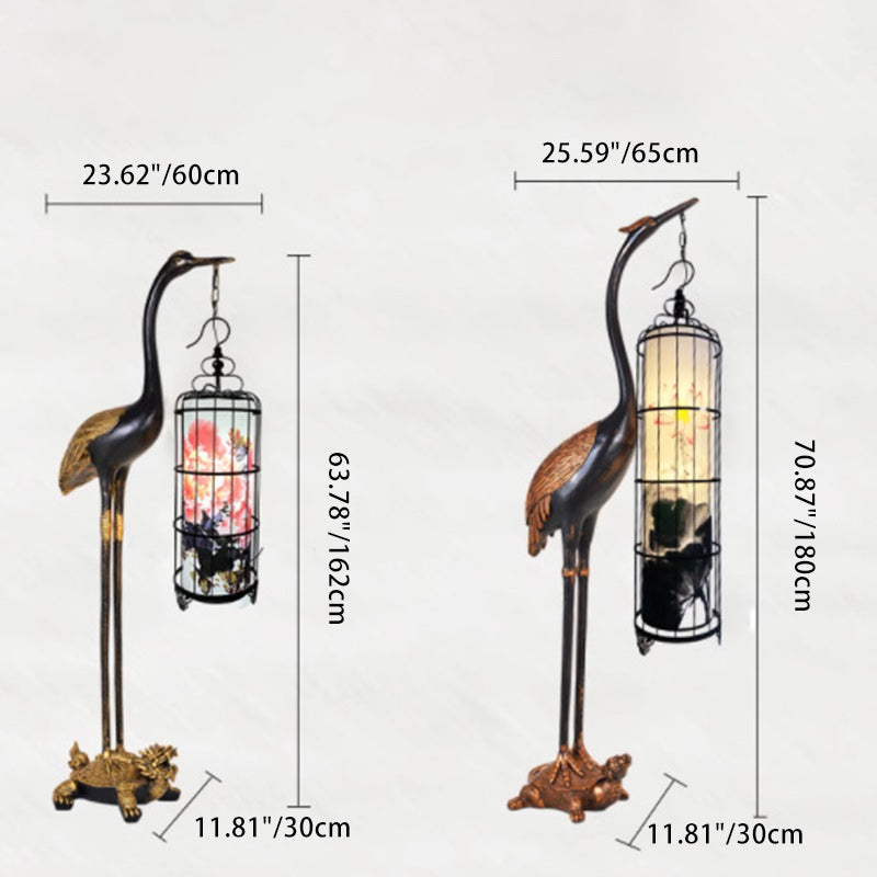 Traditional Chinese Metal Resin Fabric PVC Iron Crane Lantern Birdcage 1/2 Light Standing Floor Lamp For Living Room