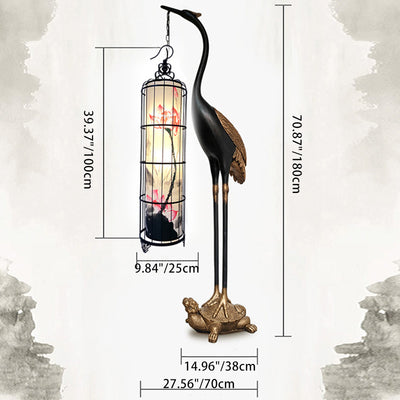 Traditional Chinese Metal Resin Fabric PVC Iron Crane Lantern Birdcage 1/2 Light Standing Floor Lamp For Living Room