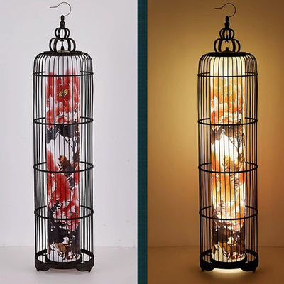 Traditional Chinese Metal Resin Fabric PVC Iron Crane Lantern Birdcage 1/2 Light Standing Floor Lamp For Living Room