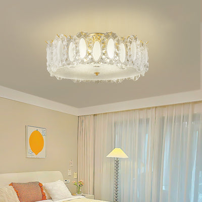 Traditional French Brass Glass Frosted Round Ripple 4/5 Light Semi-Flush Mount Ceiling Light For Bedroom