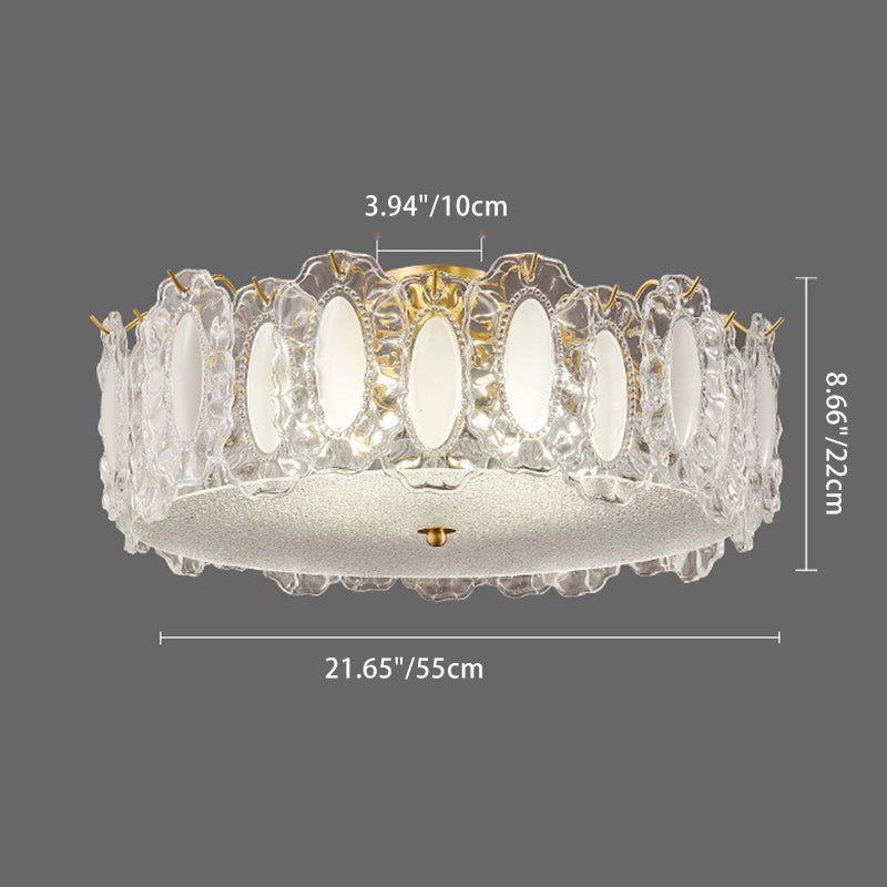 Traditional French Brass Glass Frosted Round Ripple 4/5 Light Semi-Flush Mount Ceiling Light For Bedroom