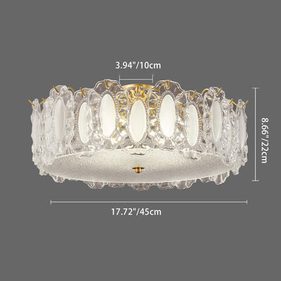 Traditional French Brass Glass Frosted Round Ripple 4/5 Light Semi-Flush Mount Ceiling Light For Bedroom