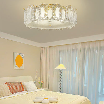 Traditional French Brass Glass Frosted Round Ripple 4/5 Light Semi-Flush Mount Ceiling Light For Bedroom