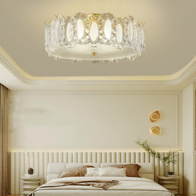 Traditional French Brass Glass Frosted Round Ripple 4/5 Light Semi-Flush Mount Ceiling Light For Bedroom