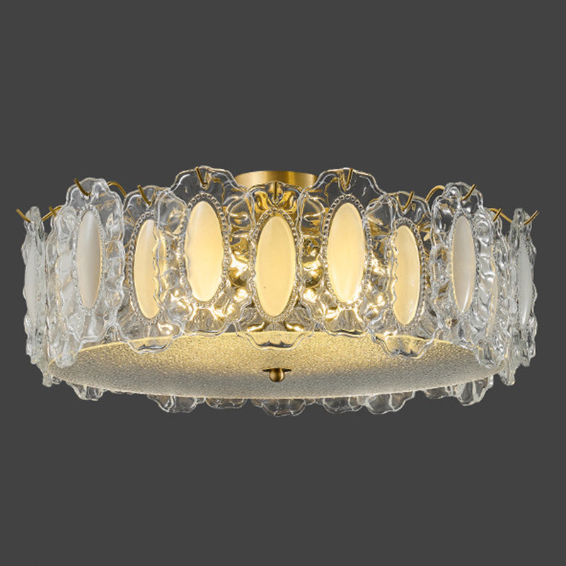 Traditional French Brass Glass Frosted Round Ripple 4/5 Light Semi-Flush Mount Ceiling Light For Bedroom