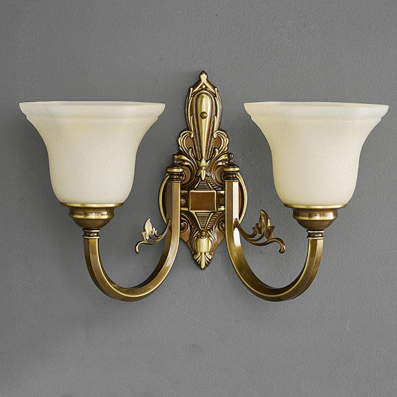 Traditional European Brass Glass Horn Shape Carved 1/2 Light Wall Sconce Lamp For Bedside