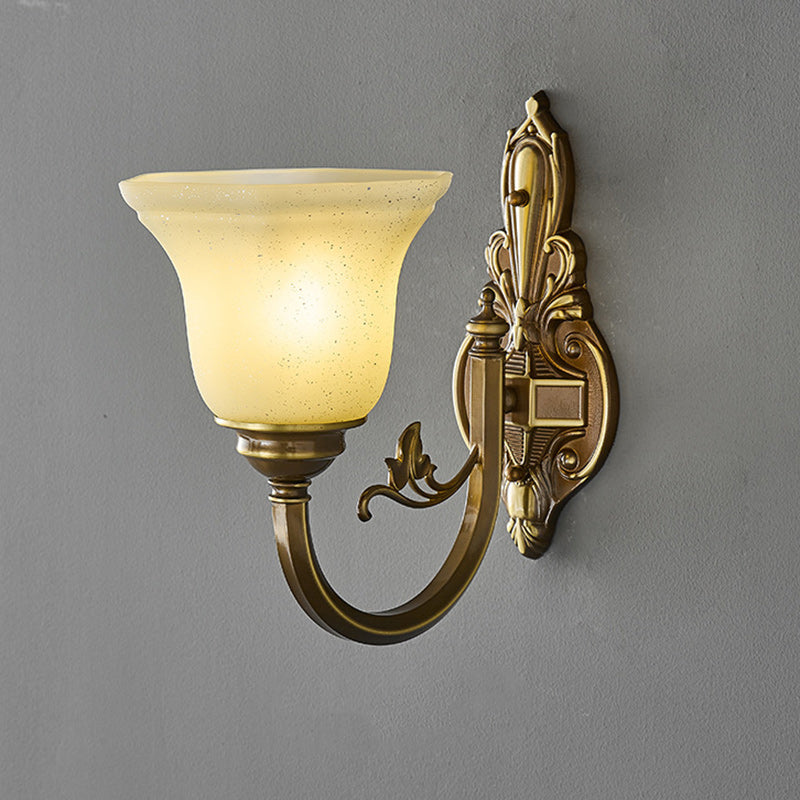 Traditional European Brass Glass Horn Shape Carved 1/2 Light Wall Sconce Lamp For Bedside