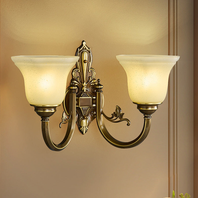 Traditional European Brass Glass Horn Shape Carved 1/2 Light Wall Sconce Lamp For Bedside