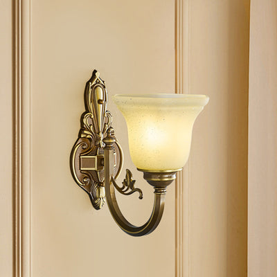 Traditional European Brass Glass Horn Shape Carved 1/2 Light Wall Sconce Lamp For Bedside