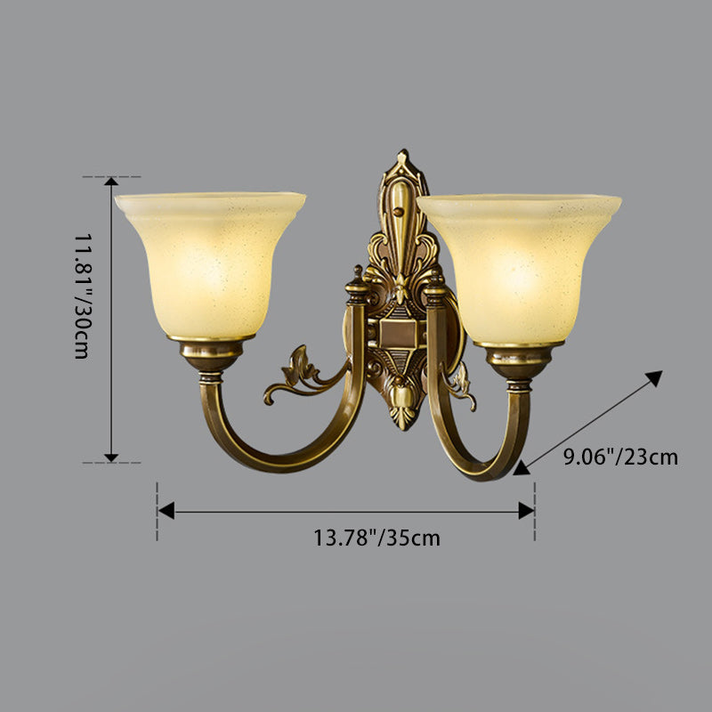 Traditional European Brass Glass Horn Shape Carved 1/2 Light Wall Sconce Lamp For Bedside