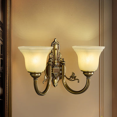 Traditional European Brass Glass Horn Shape Carved 1/2 Light Wall Sconce Lamp For Bedside