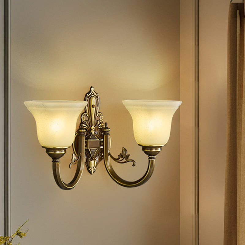 Traditional European Brass Glass Horn Shape Carved 1/2 Light Wall Sconce Lamp For Bedside