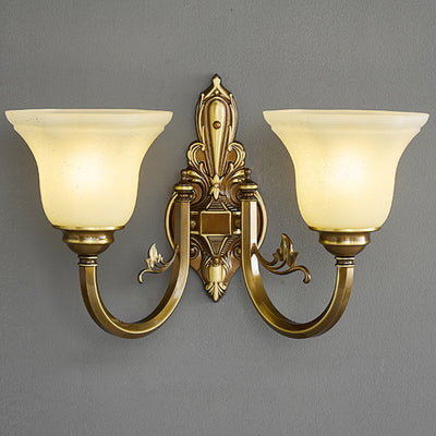 Traditional European Brass Glass Horn Shape Carved 1/2 Light Wall Sconce Lamp For Bedside