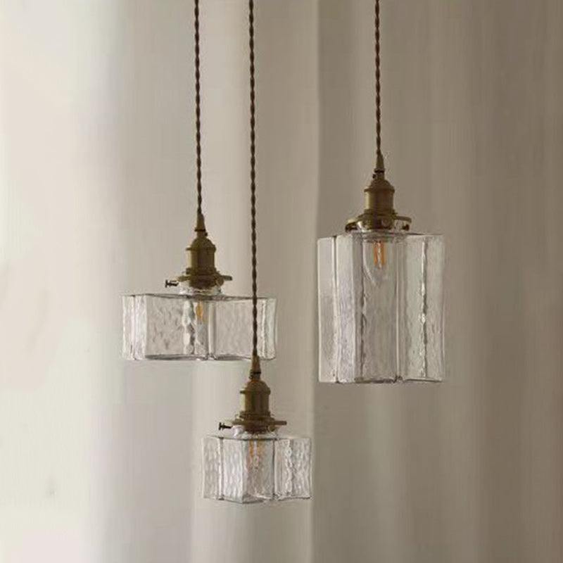 Contemporary Retro Brass Iron Glass Cylinder Cube 1-Light Pendant Light For Dining Room