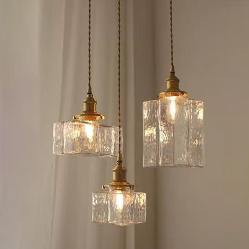 Contemporary Retro Brass Iron Glass Cylinder Cube 1-Light Pendant Light For Dining Room