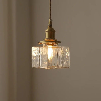 Contemporary Retro Brass Iron Glass Cylinder Cube 1-Light Pendant Light For Dining Room