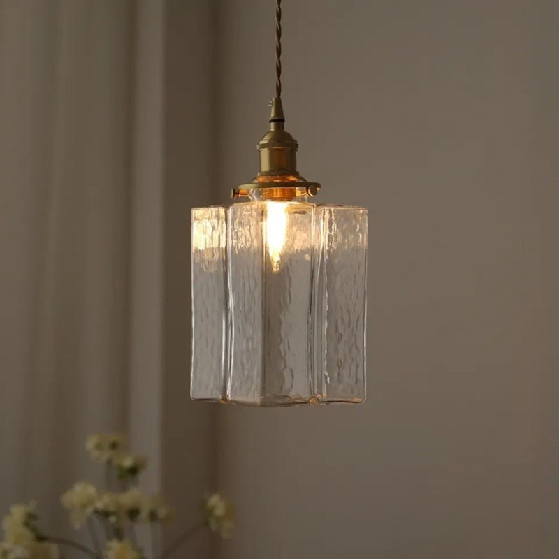 Contemporary Retro Brass Iron Glass Cylinder Cube 1-Light Pendant Light For Dining Room