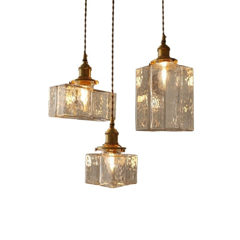 Contemporary Retro Brass Iron Glass Cylinder Cube 1-Light Pendant Light For Dining Room