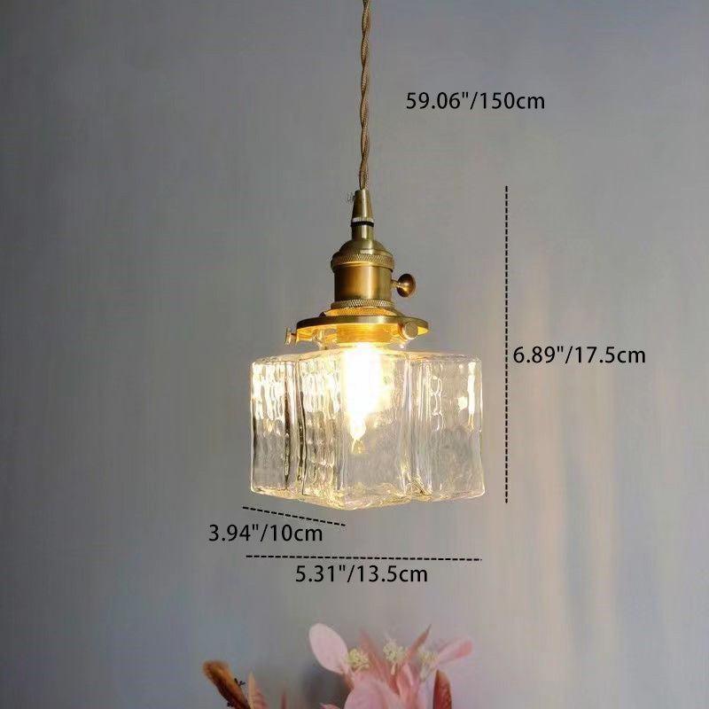 Contemporary Retro Brass Iron Glass Cylinder Cube 1-Light Pendant Light For Dining Room