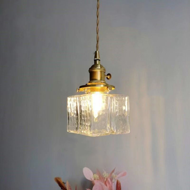 Contemporary Retro Brass Iron Glass Cylinder Cube 1-Light Pendant Light For Dining Room