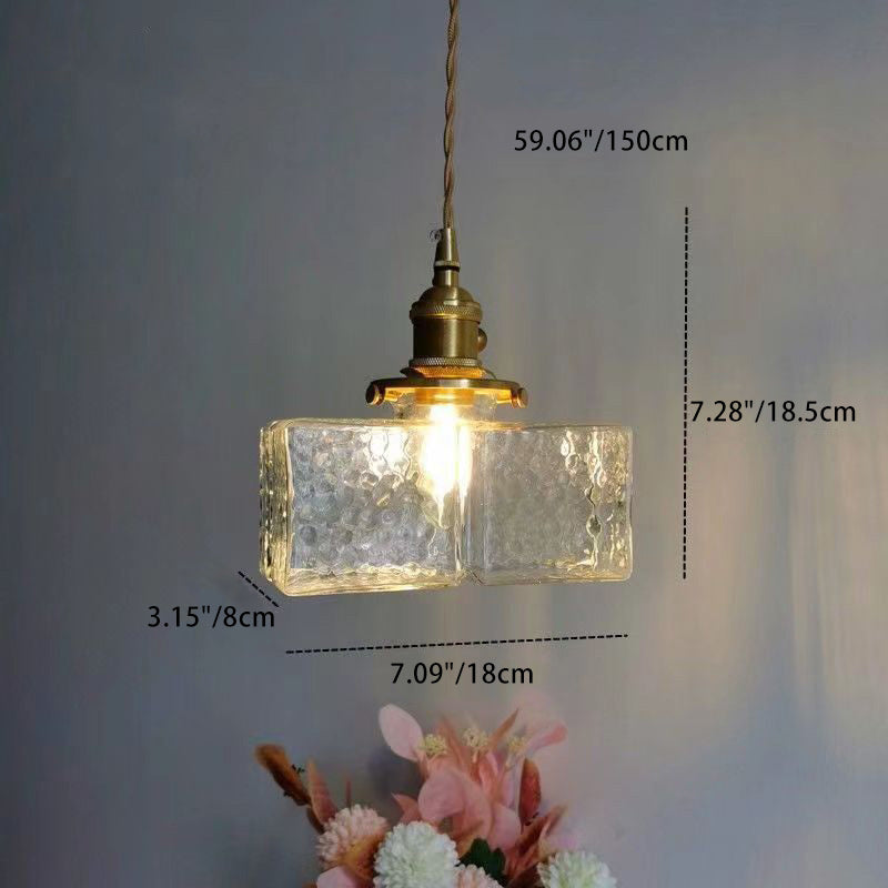 Contemporary Retro Brass Iron Glass Cylinder Cube 1-Light Pendant Light For Dining Room