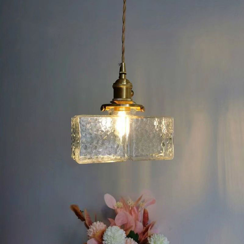 Contemporary Retro Brass Iron Glass Cylinder Cube 1-Light Pendant Light For Dining Room