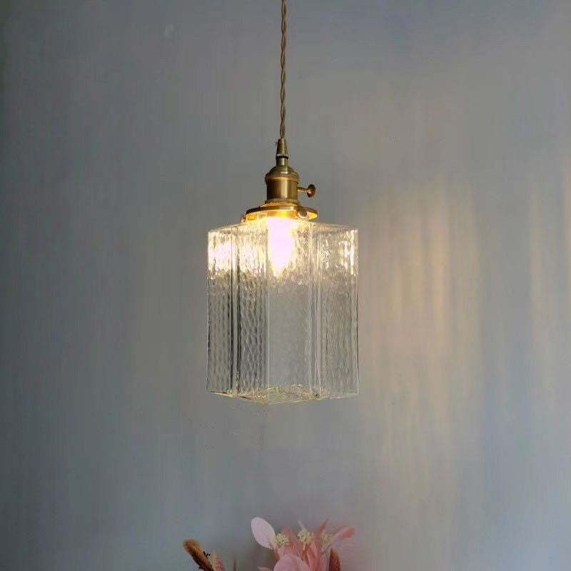 Contemporary Retro Brass Iron Glass Cylinder Cube 1-Light Pendant Light For Dining Room