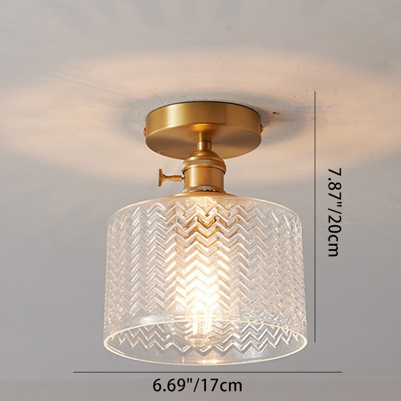 Traditional Japanese Brass Glass Bowl Cylinder Ripple 1-Light Semi-Flush Mount Ceiling Light For Hallway